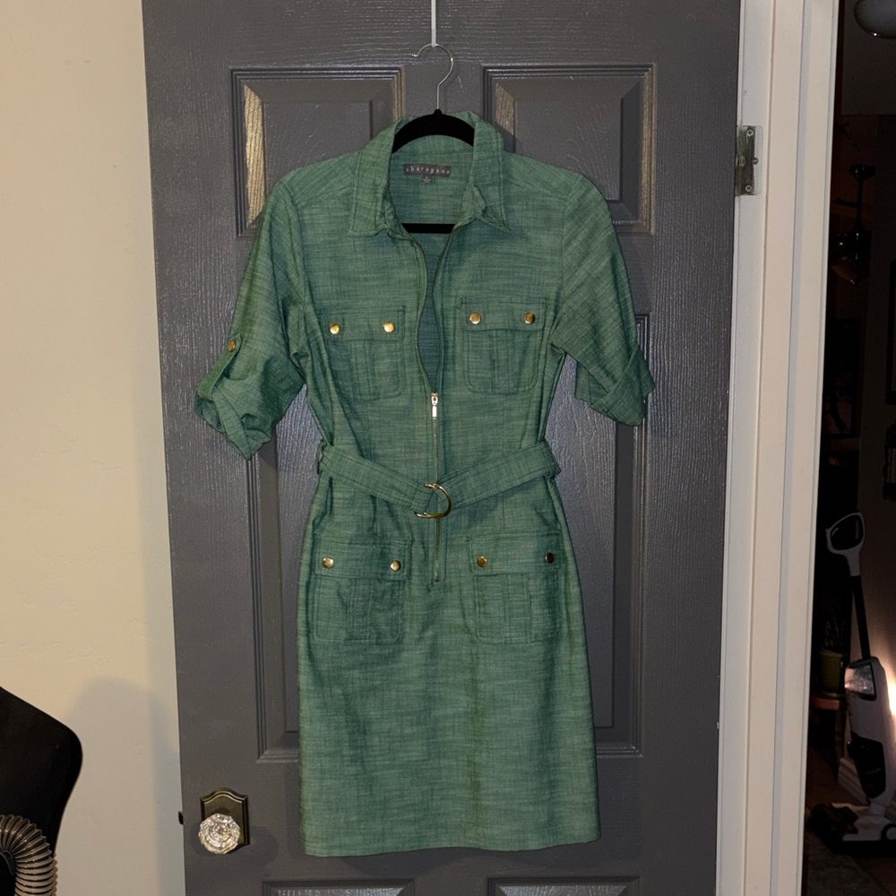 Green Belted Shirt Dress with Gold Hardware
